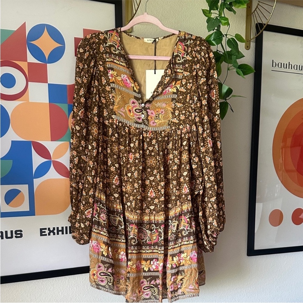 Spell Madame Peacock Mini Boho Brown Floral Long Sleeve Dress